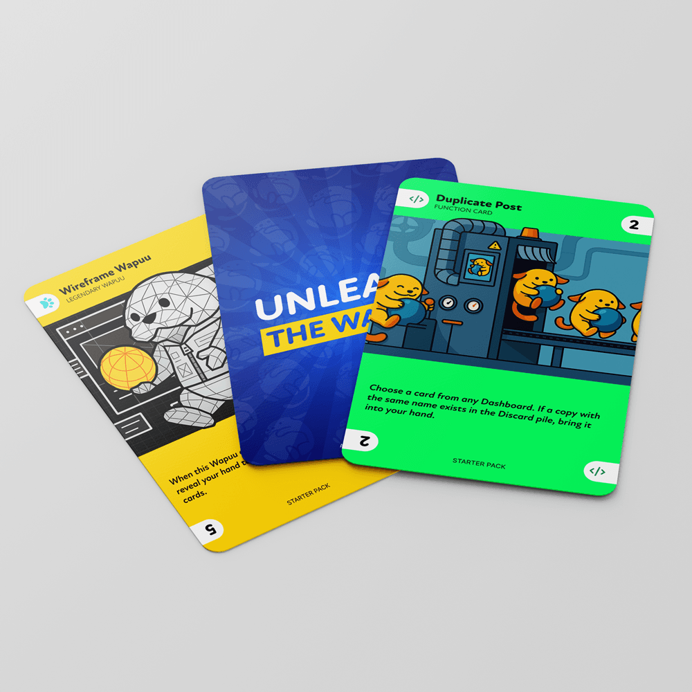 Unleash the Wapuu: A WordPress Card Game Built with AI and Open Source Spirit 1 Three colorful game cards with cartoon characters and text on a light gray background.