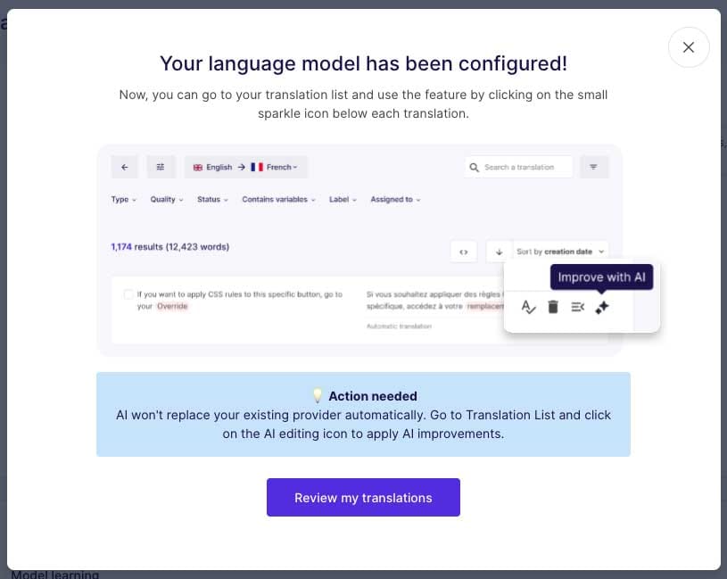 Weglot’s New AI Feature Translates Your Site in Your Own Voice 3 A notification about configuring a language model for translations, with options to review translations.